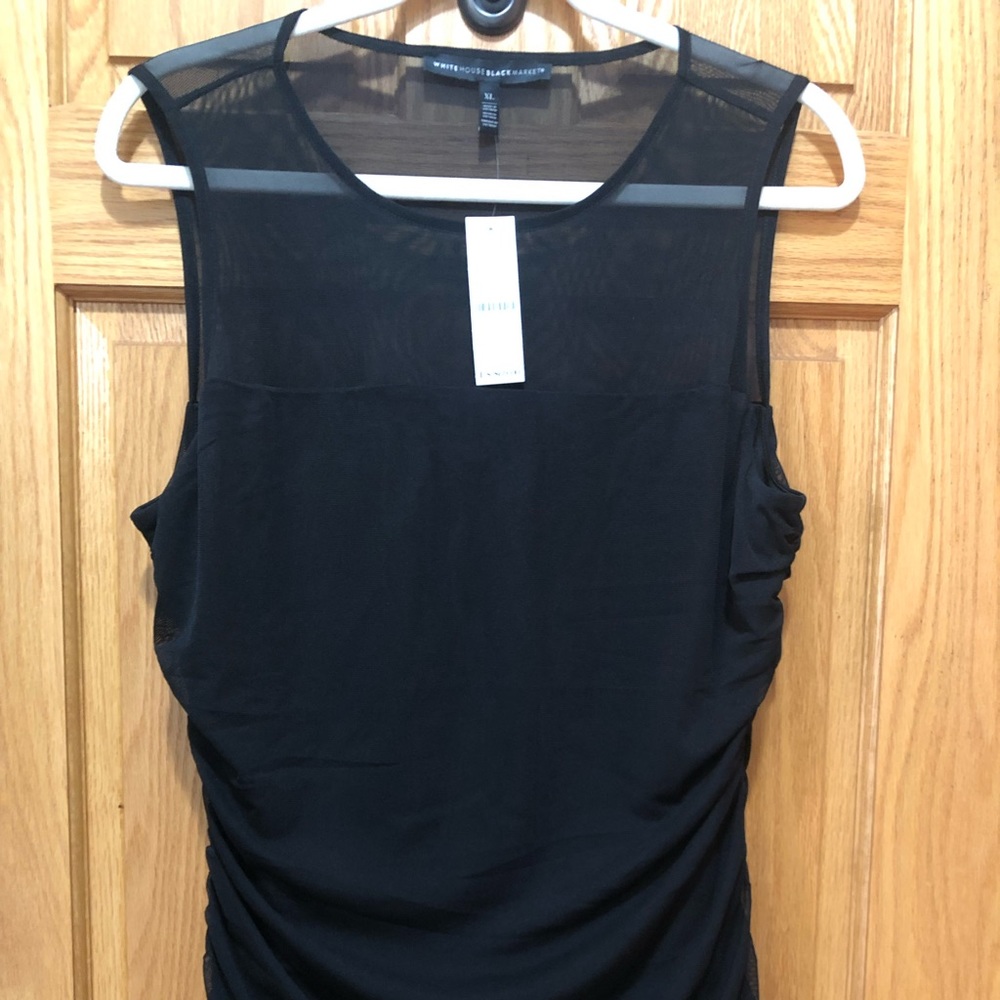 White House Black Market Black Tank, sheer upper front, ruched sides. Sz XL